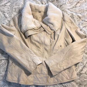 Fur-trimmed moto leather jacket